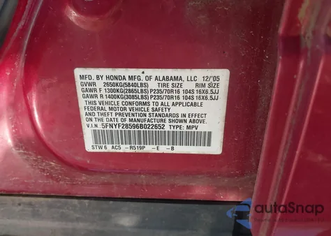 2006 Honda Pilot Ex-L z USA, uszkodzony, nr VIN 5FNYF28596B022652